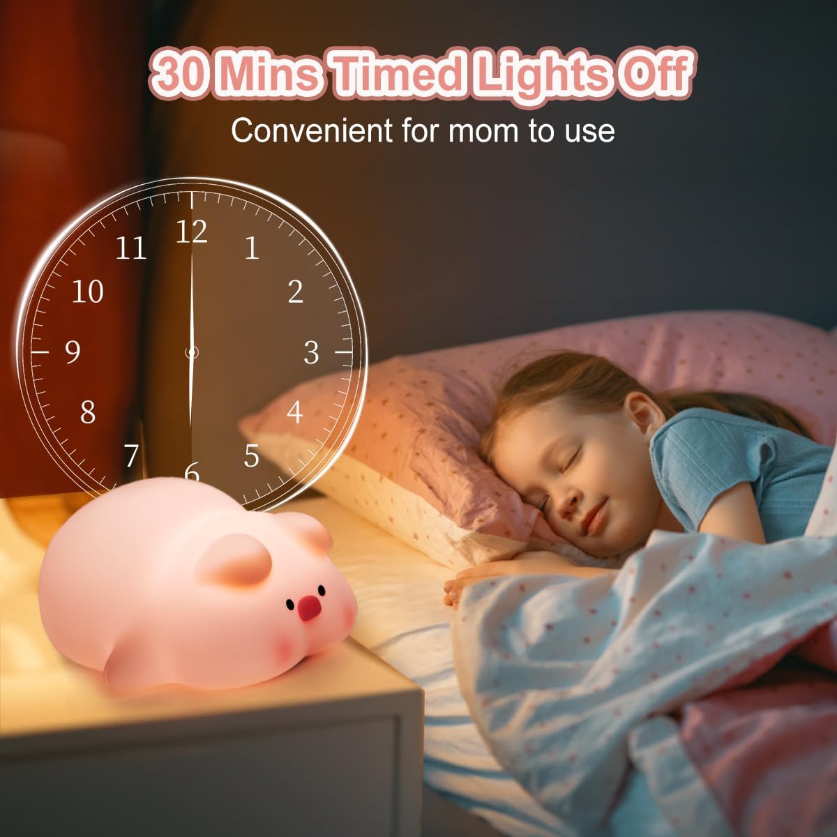 A girl peacefully sleeping next to a glowing pig night light.