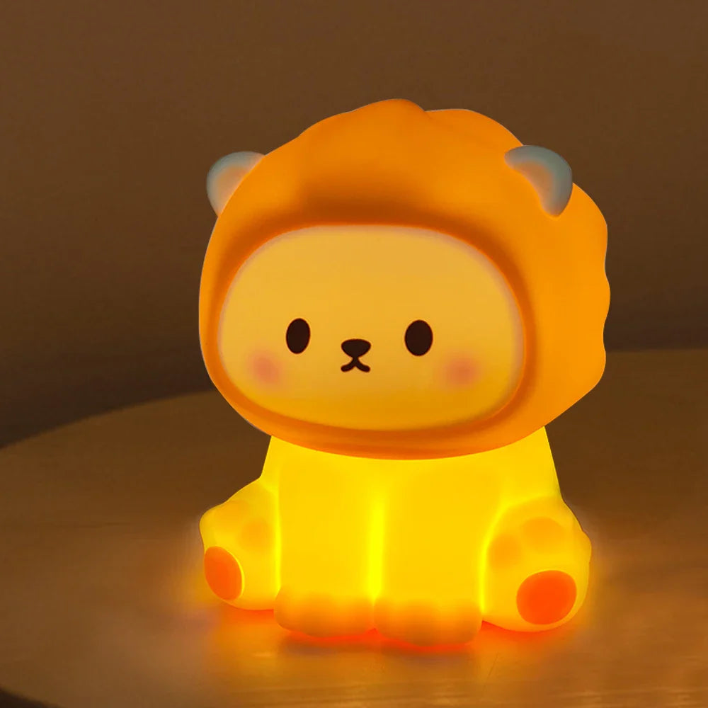 Lion-shaped night light glowing softly in a child's room.